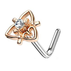 Rose Gold CZ Jewelled Heart L Bend Nose Piercing - Clear