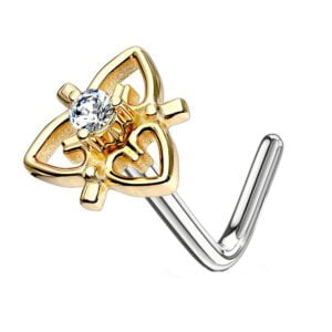 Gold Plated CZ Jewelled Heart L Bend Nose Piercing - Clear