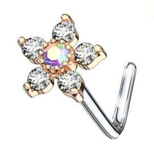 Rose Gold Jewelled Flower L Bend Nose Piercing - Clear AB