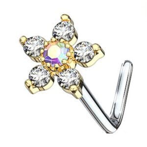Gold Plated Jewelled Flower L Bend Nose Piercing - Clear AB
