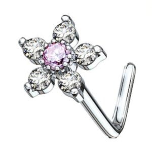 Surgical Steel Jewelled Flower L Bend Nose Piercing - Clear Pink