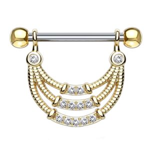 Triple Lined CZ Dangle Surgical Steel Nipple Shield
