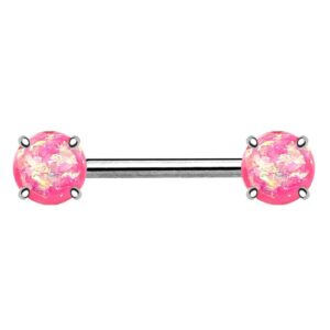 Surgical Steel Opal Glitter Prong Set Nipple Barbell - Pink
