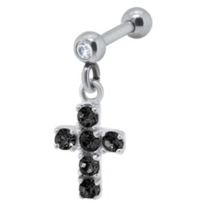 Jewelled Cross Ear Piercing Bar - Black
