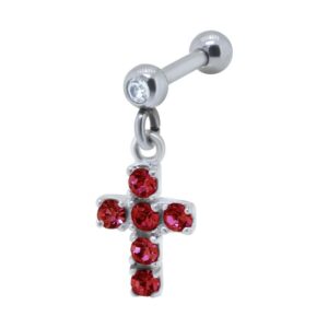Jewelled Cross Ear Piercing Bar - Red