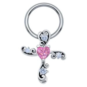 Jewelled Heart Cross Nipple Ring - Pink