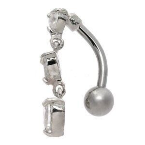 Jewelled Reverse Silver and Steel Belly Bar - 3 Clear Hearts