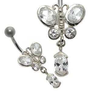 Jewelled Silver and Steel Belly Bar - Butterfly Dangle