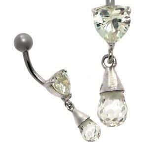 Jewelled Silver and Steel Belly Bar - Heart Drop