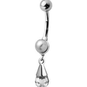 Jewelled Silver and Steel Belly Bar - Pearl Drop