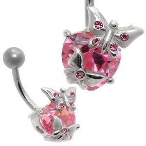 Jewelled Silver and Steel Belly Bar - Pink Heart & Butterflies