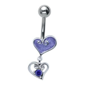 Jewelled Silver and Steel Heart Drop Belly Bar - Blue