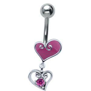 Jewelled Silver and Steel Heart Drop Belly Bar - Pink