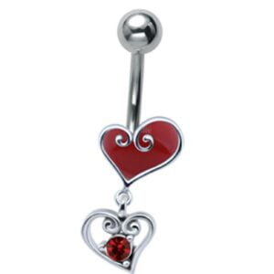 Jewelled Silver and Steel Heart Drop Belly Bar - Red