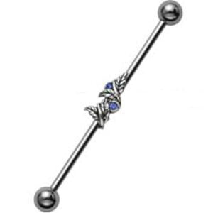 Jewelled Silver and Steel Industrial Barbell - Blue Leaves