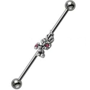 Jewelled Silver and Steel Industrial Barbell - Pink Blossom