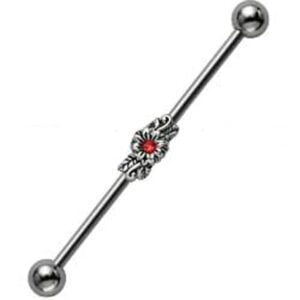 Jewelled Silver and Steel Industrial Barbell - Red Flower