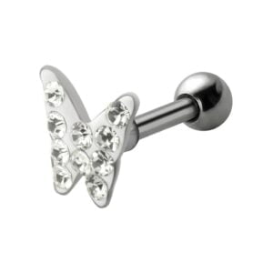 Jewelled Silver and Steel Tragus Stud - Clear Butterfly