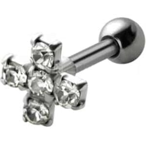 Jewelled Silver and Steel Tragus Stud - Clear Cross