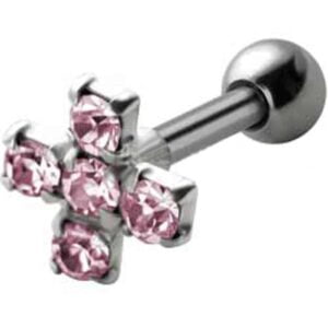 Jewelled Silver and Steel Tragus Stud - Pink Cross