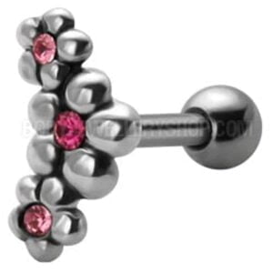 Jewelled Silver and Steel Tragus Stud - Pink Daisies
