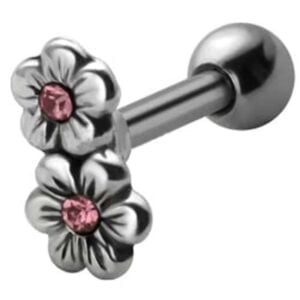 Jewelled Silver and Steel Tragus Stud - Pink Flowers