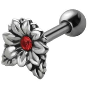 Jewelled Silver and Steel Tragus Stud - Red Flower