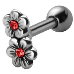 Jewelled Silver and Steel Tragus Stud - Red Flowers