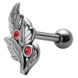 Jewelled Silver and Steel Tragus Stud - Red Leaves
