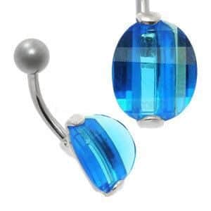 Large CZ Silver and Steel Belly Bar - Blue Oval