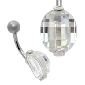 Large CZ Silver and Steel Belly Bar - Oval