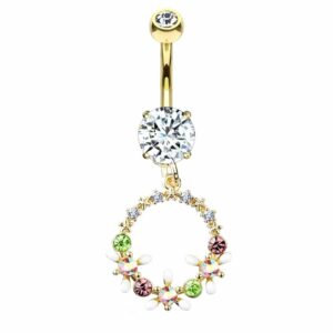Multi Coloured Jewelled Surgical Steel Belly Bar - Gold Plated