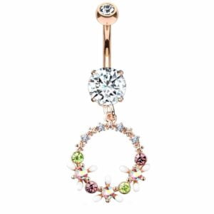 Rose Gold Surgical Steel Belly Bar with Multi Coloured Jewels