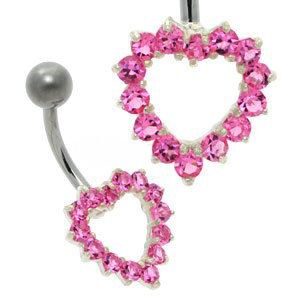 Open Crystal Heart Belly Bar - Pink