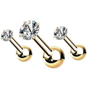 Pack of 3 Gold Plated Cartilage Barbells - Crystal