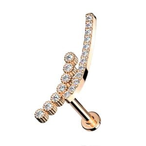 Rose Gold Double Lined Tragus Labret Stud with CZ Paved Curve Top
