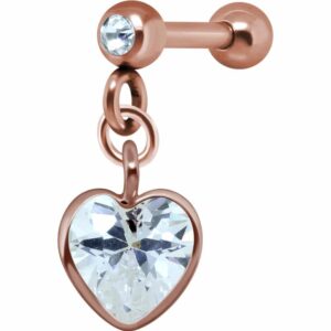 Rose Gold Heart Crystal Jewelled Tragus Bar Stud
