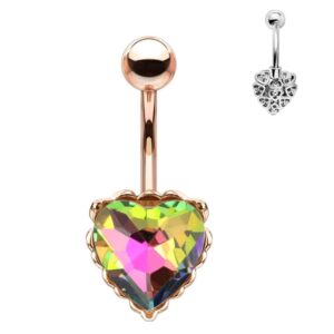 Rose Gold Heart Filigree Surgical Steel Belly Bar - Vitrail Medium