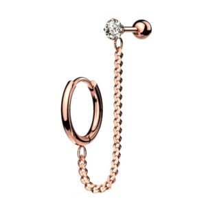 Rose Gold Hoop Earring and Chain Linked Cartilage Barbell with Crystal Stud