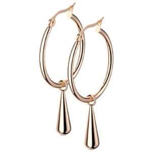 Rose Gold Round Hoop Earrings with Tear Drop Dangle