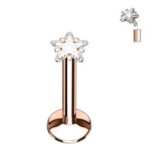 Rose Gold Star CZ Prong Internally Threaded Labret Stud