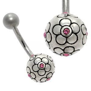 Silver and Steel Ball Belly Bar - Flower Ball