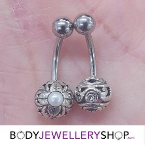 Silver and Steel Ball Belly Bar - Pearl Flower Ball