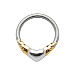 Silver & Steel Ball Closure Ring - Flaming Heart