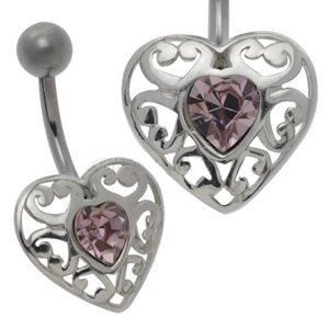 Silver and Steel Belly Bar - Lilac Heart