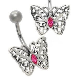 Silver and Steel Belly Bar - Pink Butterfly