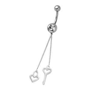 Silver and Steel Charm Belly Bar - Heart Keys