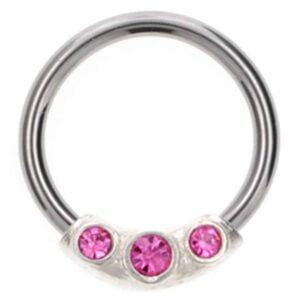 Silver & Steel Jewelled Ball Closure Ring - Pink
