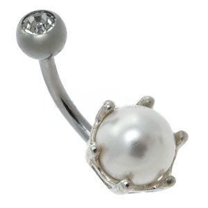 Silver and Steel Pearl Belly Bar - Claw Setting