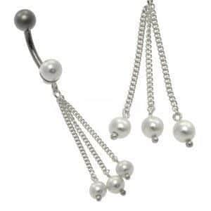 Silver and Steel Pearl Belly Bar - Triple Drop